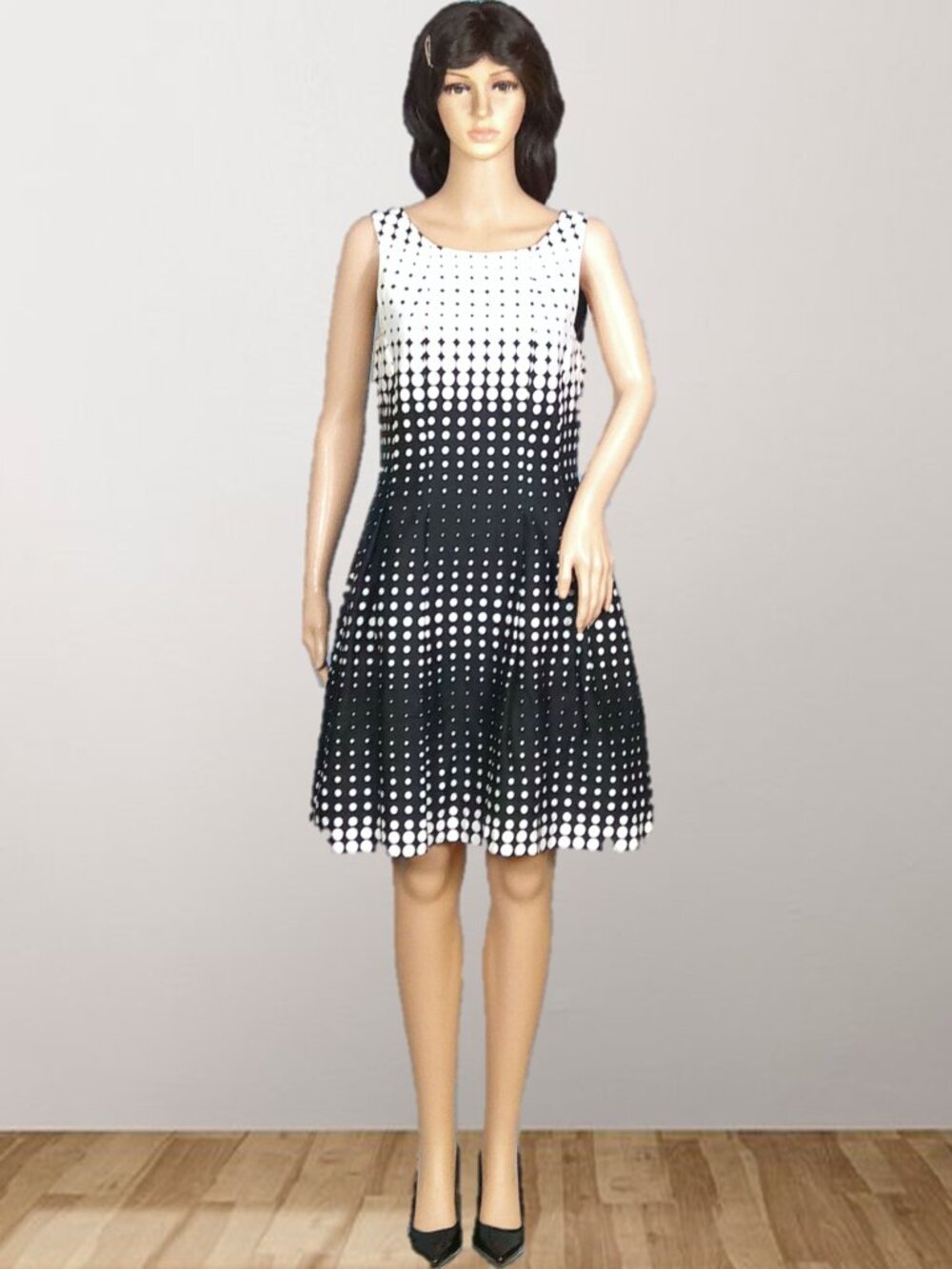 GABBY SKYE size 6 black/white sleeveless fit/flare dress cotton/spandex